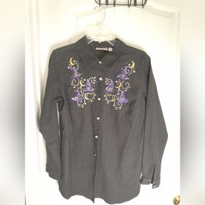 Quacker Factory/ Gray button down shirt with  witches hat design/ small